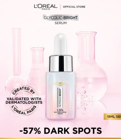 L'Oreal Colour Bright Serum bottle with a sleek design, showcasing vibrant colors and a pump dispenser for easy application.